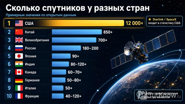 Инфографика количества спутников у разных стран